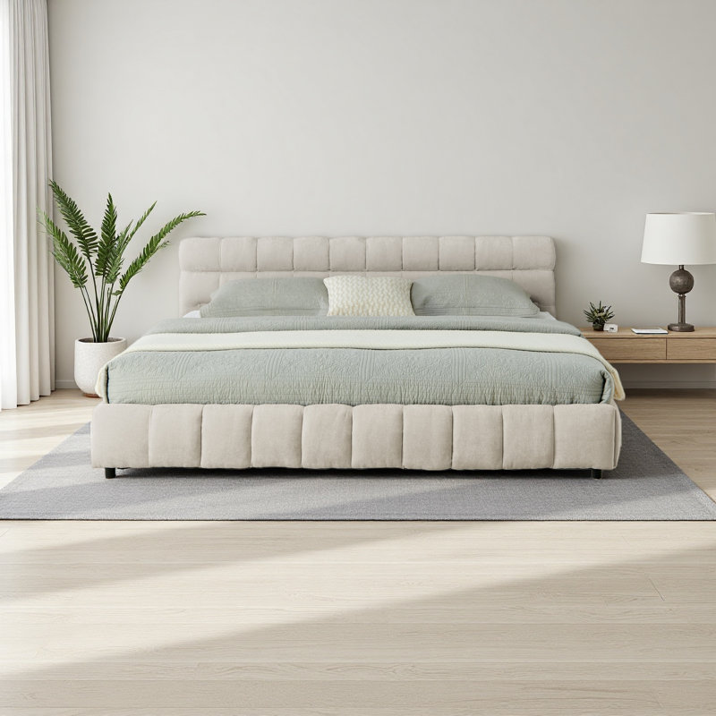 Très grand lit tapissier, cadre de lit rembourré confortable, tissu chenille, avec tête de lit et cadre de lit solide. Avec tiroir pour le rangement