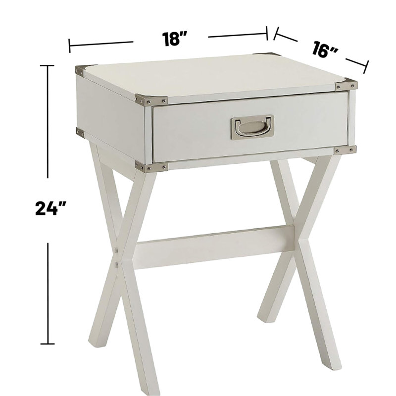 Table d'appoint carrée blanche Kd, coins en métal, plateau en bois, base en forme de X, barre transversale, tiroir de H 15 po x 9 po, sangle de coin coulissante, kd, 15 x 9 x 3 h