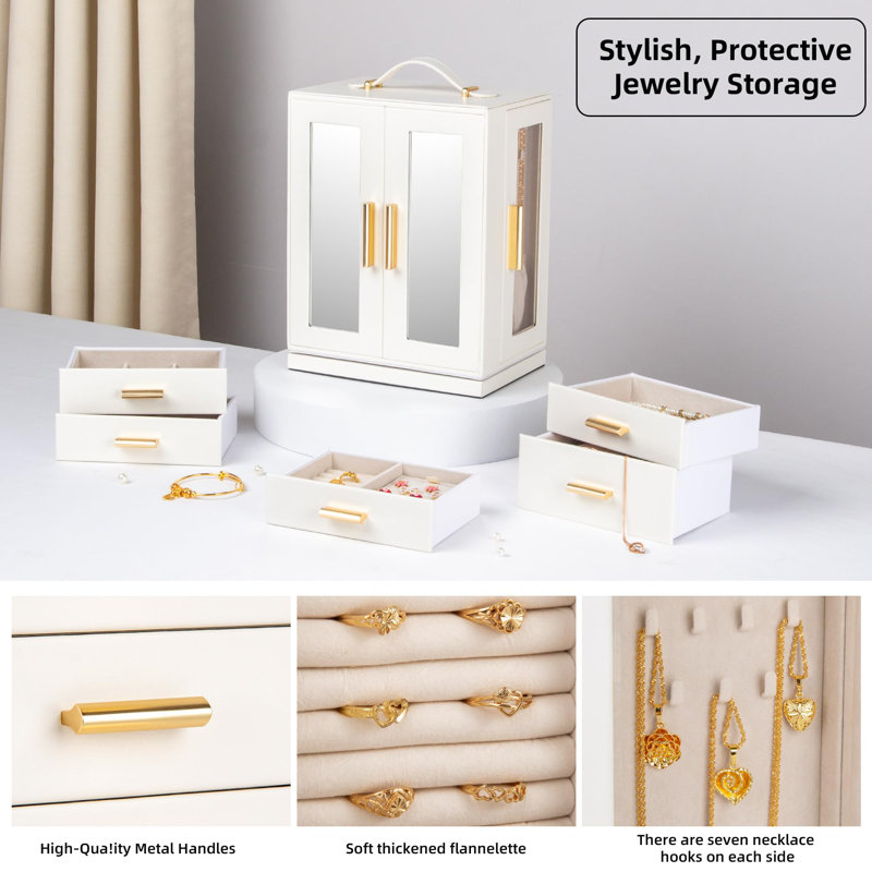 White MDF 360° Rotating Jewelry Storage Box with Glass Windows