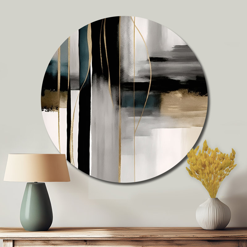 Géode abstraite géométrique noire et dorée III - Art abstrait rond en métal, H 36 po x l 36 po