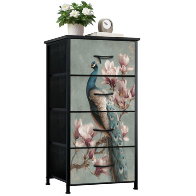 Commode pour la chambre à coucher avec 4 tiroirs de rangement Branche de paon perchée entourée de fleurs Commodes en pastel douces Commode en tissu avec cadre en acier pour vestibule
