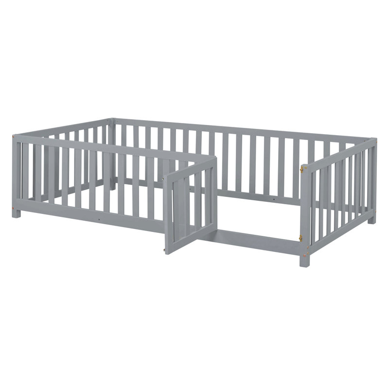 Wood Daybed With Fence Guardrails And 2 Drawers, Split Into Independent Floor Bed & Daybed, Gray, Twin