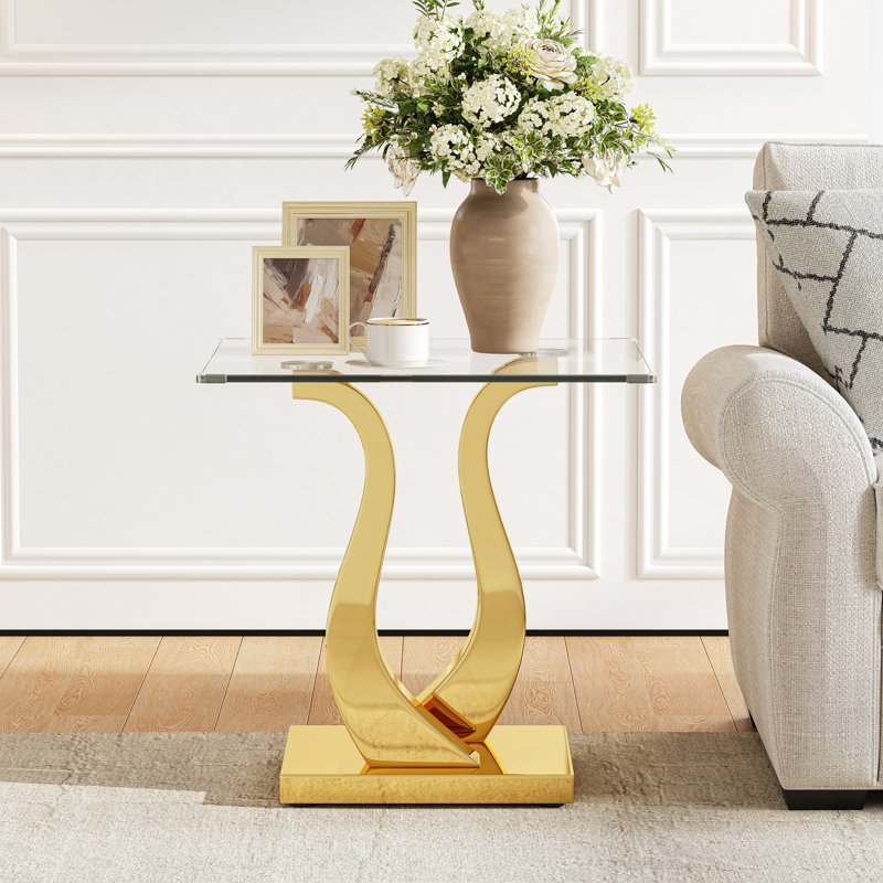 Table de bout carrée en verre trempé de 23,62 po avec base en acier inoxydable poli double, table d'appoint moderne pour le salon