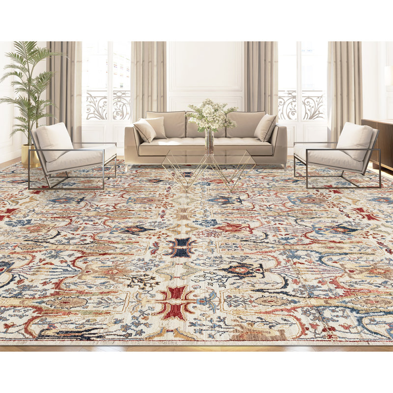 Wool Damask Area Rug in Ivory/Red/Blue/Brown, Rectangle 9' x 12'