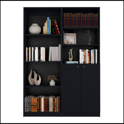 Ensemble de salon 2 pièces Helena noir avec bibliothèques spacieuses, parfait pour une organisation moderne et élégante.