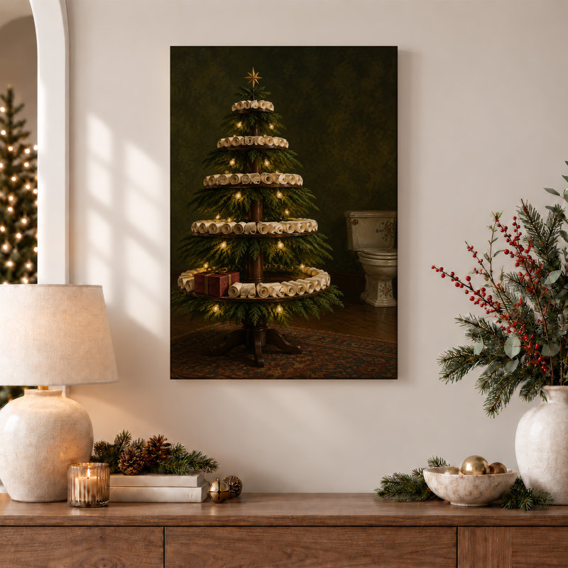 " Tiered Tree With Red Gift Box And Paper Scrolls Christmas " Painting, 48"H x 36"W