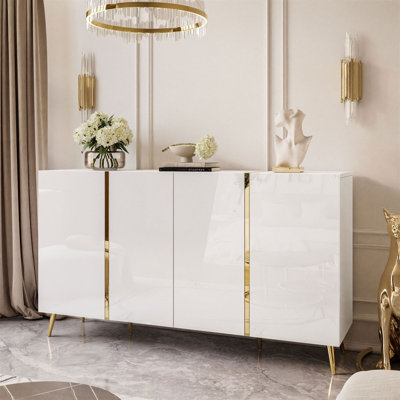 Sideboard ONYX 4D 158 cm white/ white gloss on gold legs