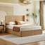 Natural Oak ripple panel curved headboard platform bed frame, 44-inch tall headboard, king size bed frame, modern minimalist style, easy to assemble, no box spring required.Natural Oak