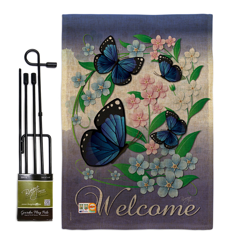 Ensemble de drapeaux en polyester 19 po x 13 po Stephana Butterflies, Mauve / vert / bleu, Toile de jute