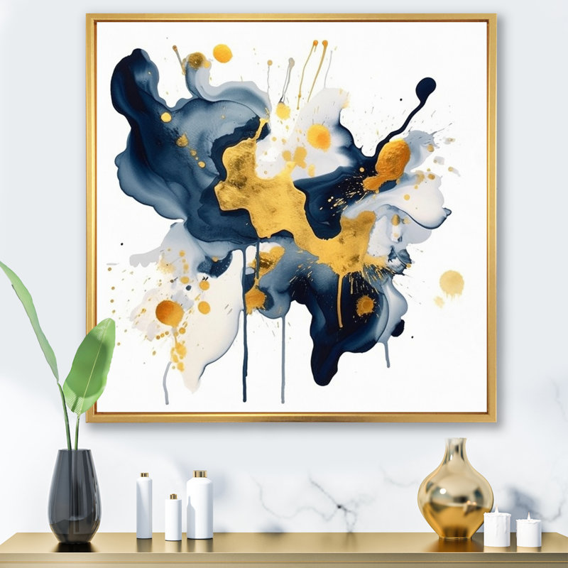 Bleu foncé et coups dorés XXII, H 16 po x l 16 po x P 1 po, Cadre flottant doré