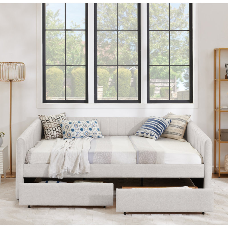 Queen Size Upholstered Daybed with Trundle & 2 Storage Drawers, Linen Fabric Sofa Bed with Vertical Stripes, Beige