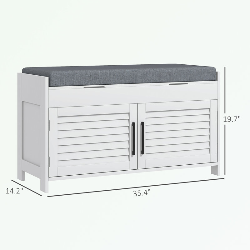 White Entryway Shoe Storage Bench with Gray Cushion and Shutter Doors