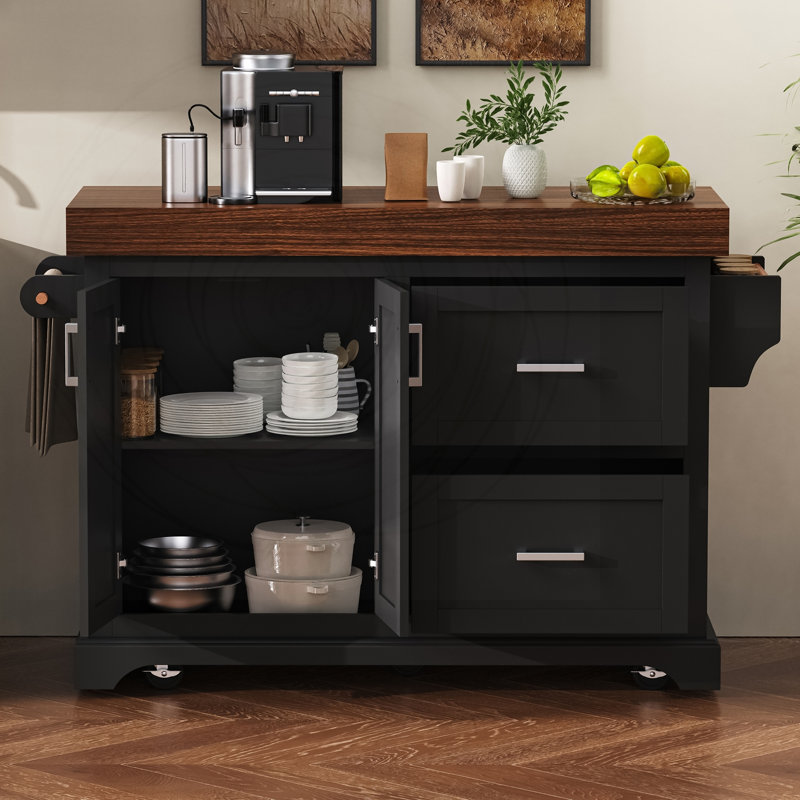 53" Large Kitchen Island with 3.5" Thick Desktop, Spice and Towel Racks, Rolling Kitchen Island with Storage on 5 Wheels, 2 Extra-large Drawers, for Home, Kitchen, Dining Room, Black