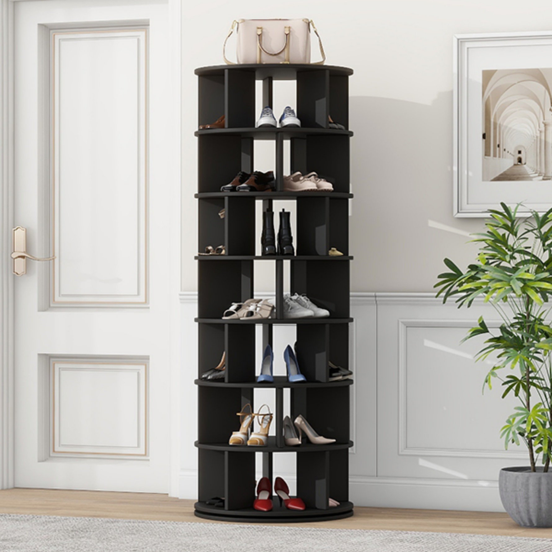 Ivy Bronx Rotating Shoe Rack Tower, 7-Tier Spinning Shelf With 5 Grids ...