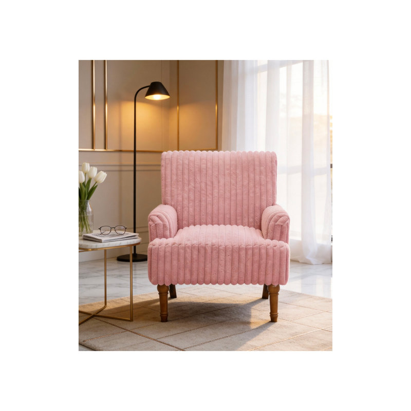 Fauteuil d'appoint moderne en velours côtelé rose large de 2 po de largeur avec pieds en bois massif de 9 po - Fauteuil rembourré confortable pour le salon