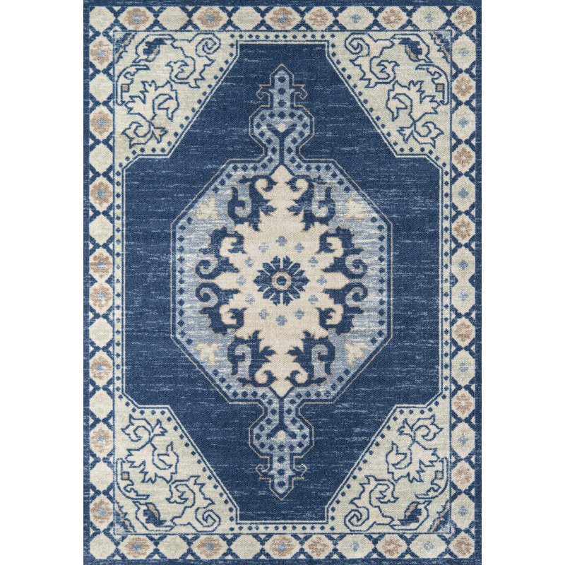 Denya Oriental Wool Navy/Ivory Area Rug, Rectangle 2' x 3'