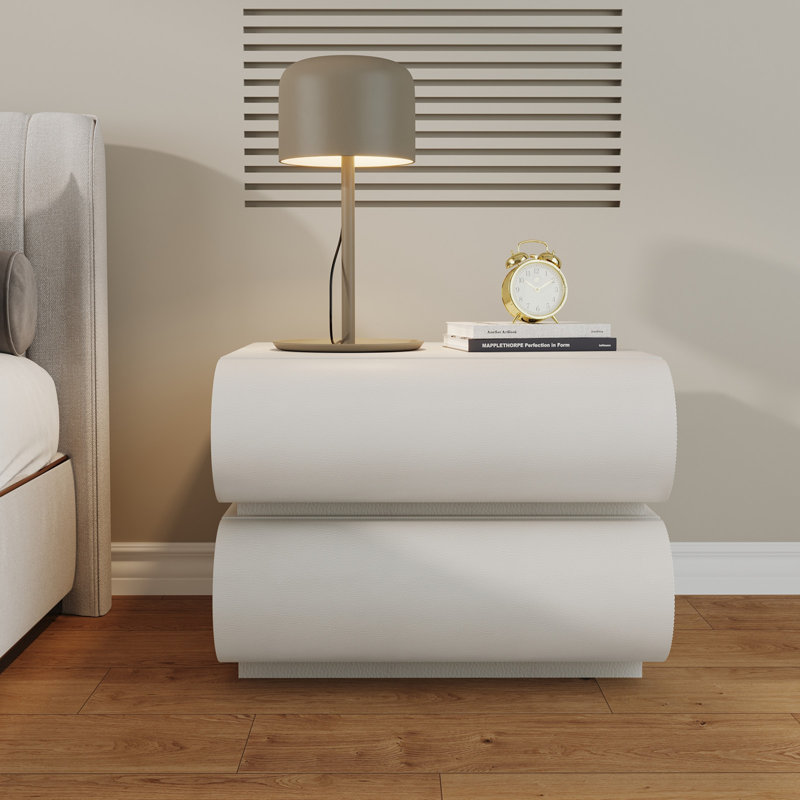 White Leather Wrapped Modern Nightstand with 2 Solid Wood Drawers