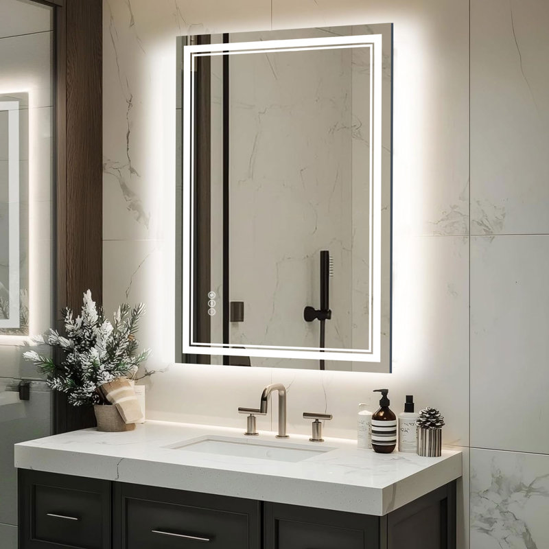 Anti-fog Tempered Glass LED Bathroom Mirror, 3 Color Temperature with Front and Backlight, Rohs and CRU Compliant, Rectangle