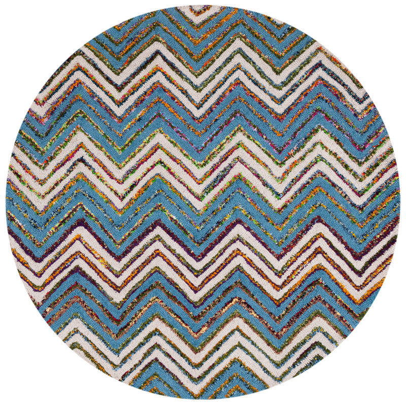 Airion Hand Tufted Wool/Cotton Chevron Rug in Beige/Blue, Round 4'