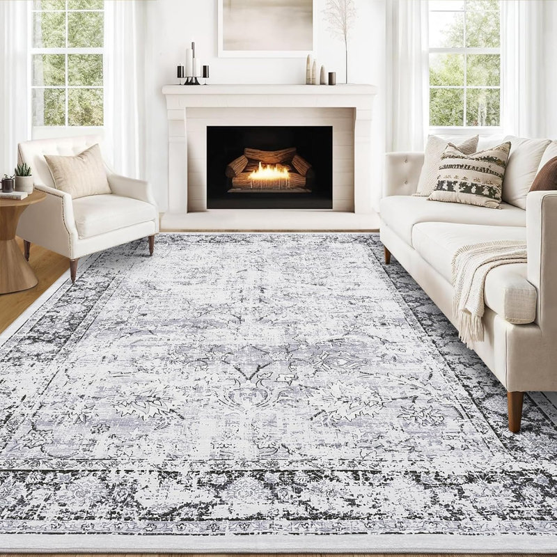 Washable Rug, Non-Slip, Vintage Floor Carpet, Low Pile, Distressed Pearl Velvet, Foldable, Soft, Bathroom, Laundry, Entryway, Gray.