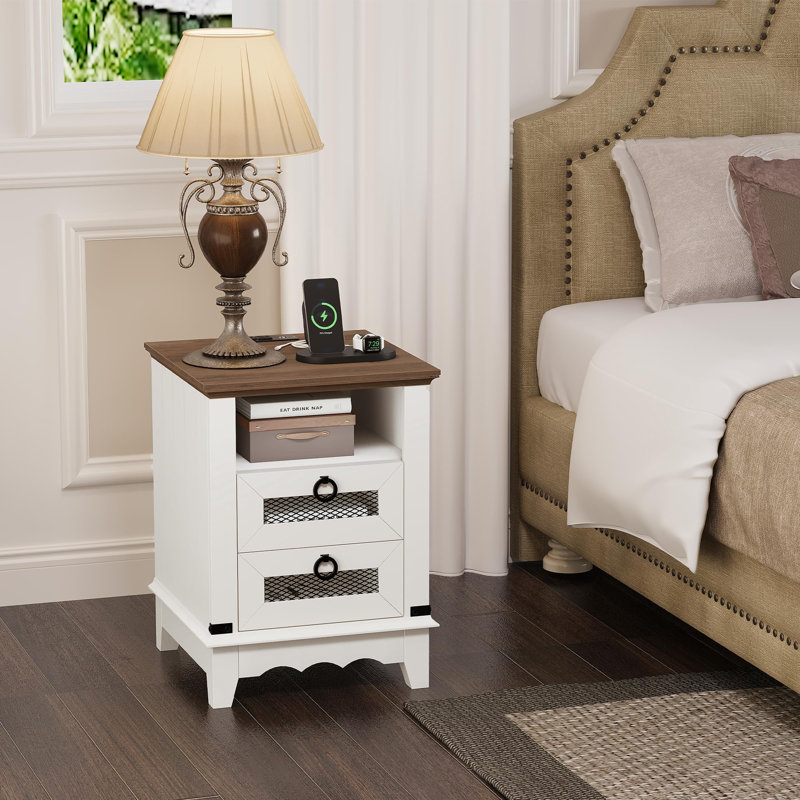 Table de bout de 18 pouces avec station de charge, table de chevet de ferme avec 2 tiroirs et tablette ouverte pour canapé de chambre