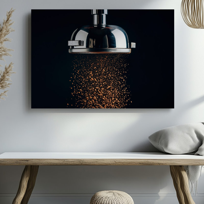 Toile, une élégante cuillère à café métallique plane au-dessus d'une riche cascade d'art de café fraîchement moulu, créant un art visuel spectaculaire sur toile