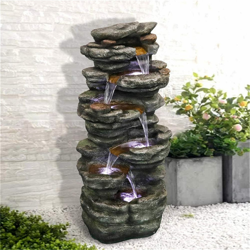 Outdoor Water Fountain with LED Lights - 40" H Cladine Collection 6-Tier Cascading Rock Garden Fountain, Weather Resistant Resin, Plug-in Pump