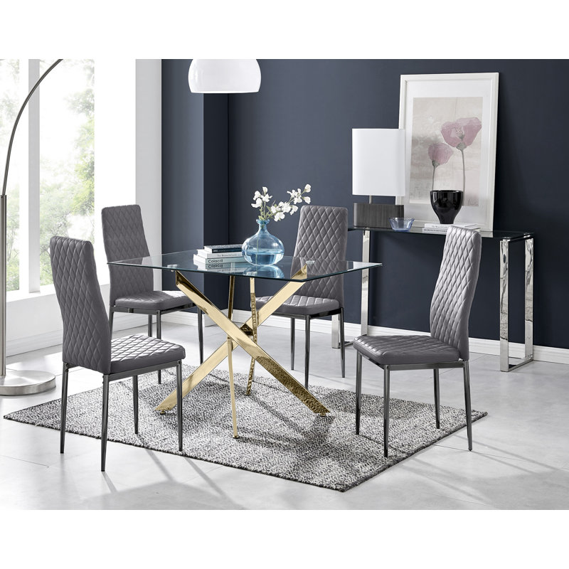 Lenworth Glass Rectangular Dining Table Set with 4 Quilted Velvet Dining Chairs, Grey, Gold