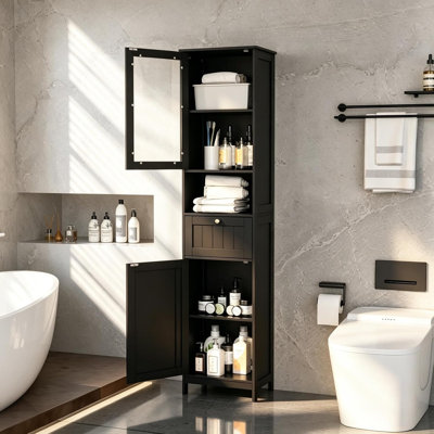 Armoire de rangement de 67 po de hauteur, armoire de rangement avec 2 portes et 1 tiroir, armoires de rangement pour salle de bain avec tablettes réglables, pour le salon, le vestibule, le bureau personnel, noir