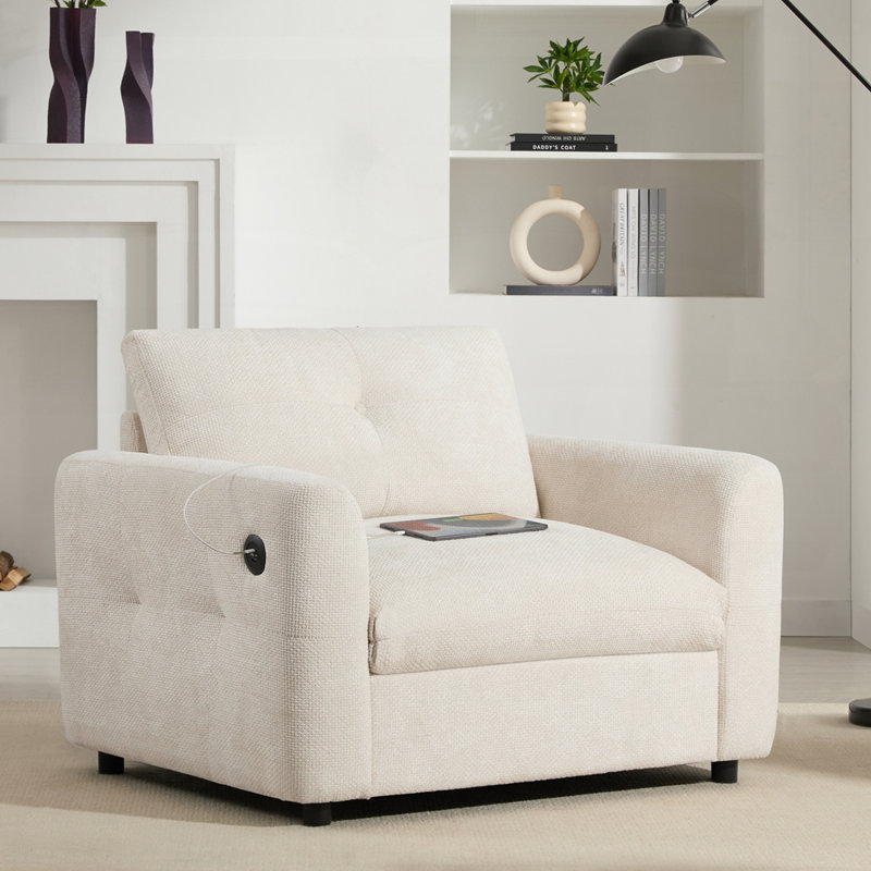 Fauteuil à siège large avec chargeur à deux ports, conception capitonnée et mousse haute densité, Beige