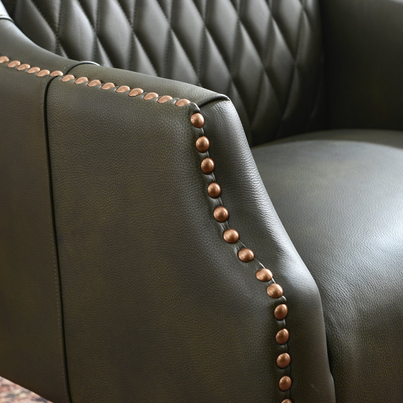 30.5'' W Top-grain Genuine Leather Upholstered Armchair, Dark Green