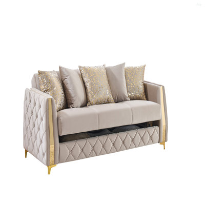 Upholstered Sofa In Taupe Ambridge With Gold Stainless Steel Legs, Foam Cushioning And Sturdy Wood Frame