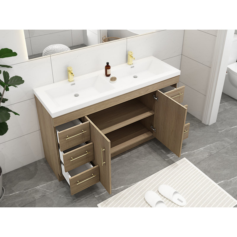 Ensemble de meuble-lavabo double 60 po Carliss, Blanc/chêne, Or