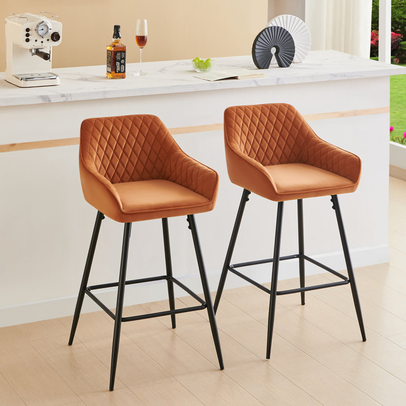 Saarrah 68cm Upholstered Bar Stool with Arm, Orange Velvet, 2