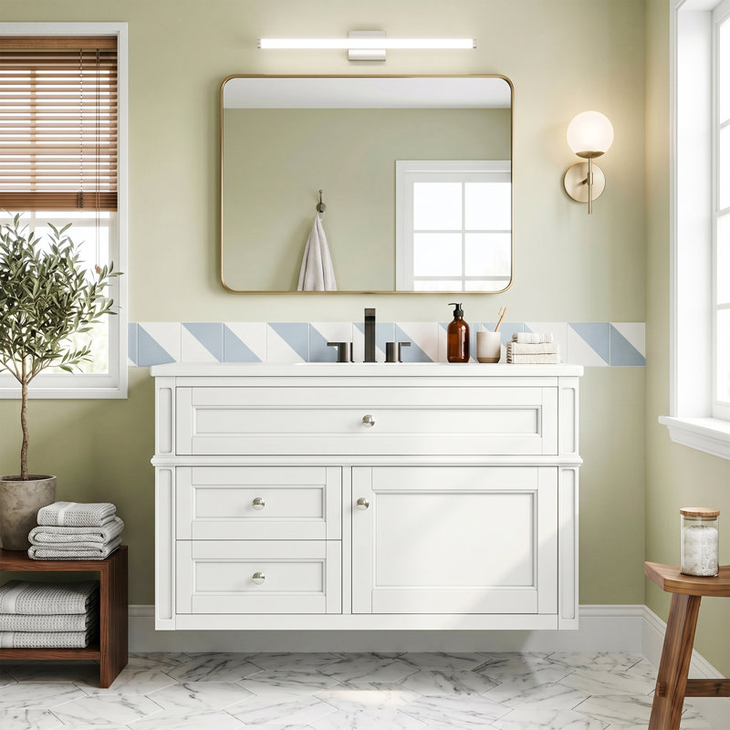 Meuble-lavabo mural de 36 po en panneau de fibres à densité moyenne fixé au mur blanc en céramique brillant intégré avec tiroirs et lavabo simple en céramique à 3 trous