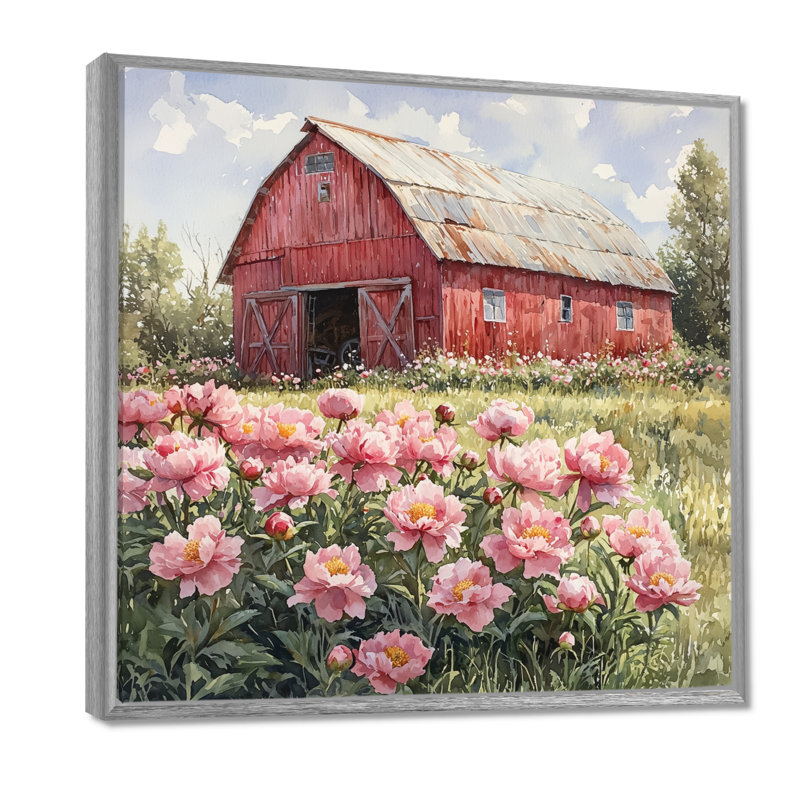 Ditchka pivoines par le tracteur Shed III - pivoines, art mural pour le salon, Impression encadrée flottante, Argent argent