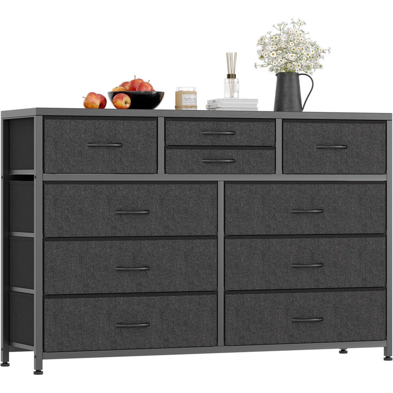 Meuble télé avec commode pour chambre à coucher 55 po, commode avec 10 tiroirs, 13.7", Noir, noir, noir, noir
