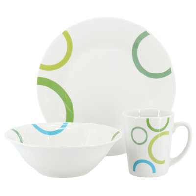 HomeStyle Entertaining Green Loops 12 Piece Round Fine Ceramic Dinnerware Set in White