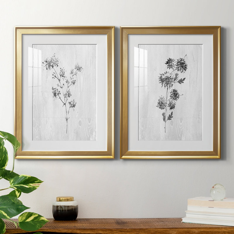 Neutral Meadow I - ensemble de 2 reproductions d'art, H 18,5 po x l 49 po x P 1,5 po, Papier encadré doré, Blanc