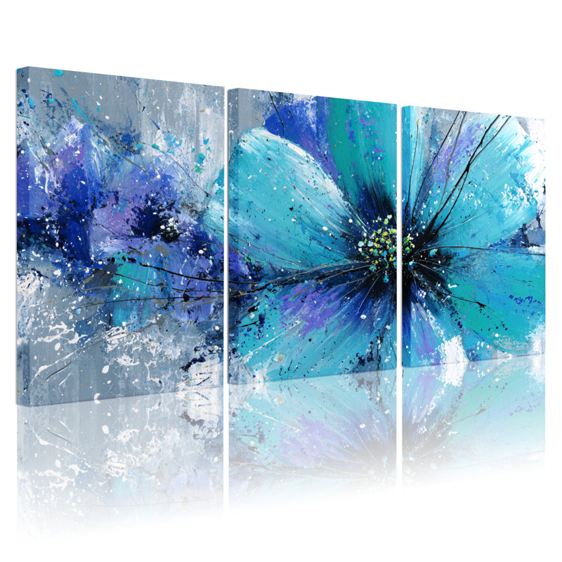 Tableau abstrait de fleurs bleues sur toile tendue, H 24 po x l 48 po