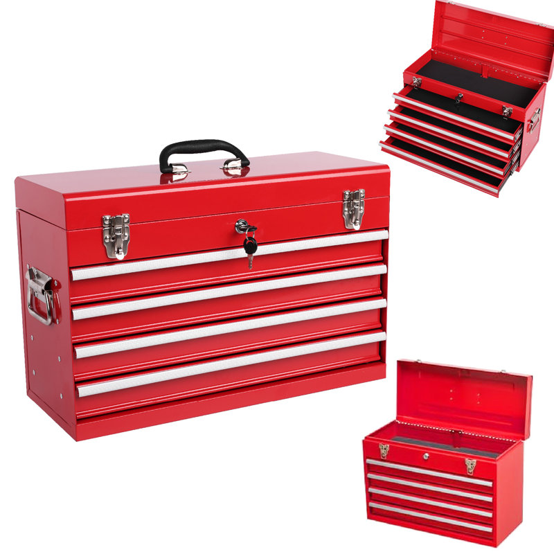 Coffre à outils rouge de 53 cm (21 pouces), 4 tiroirs, glissières à roulement à billes, verrouillable, conception portable, boîte de rangement métallique sécurisée, facile à transporter, grand