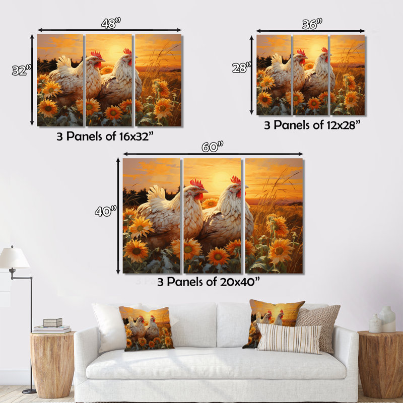 «Aimer Chicken At Sunset» sur toile, reproduction de 3 pièces, H 40 po x l 60 po x P 1 po