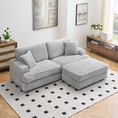 88.58 Inch Grey Corduroy Sofa With Single Storage Leg And Four Pillows, Soft And Stylish For Living Room And Office