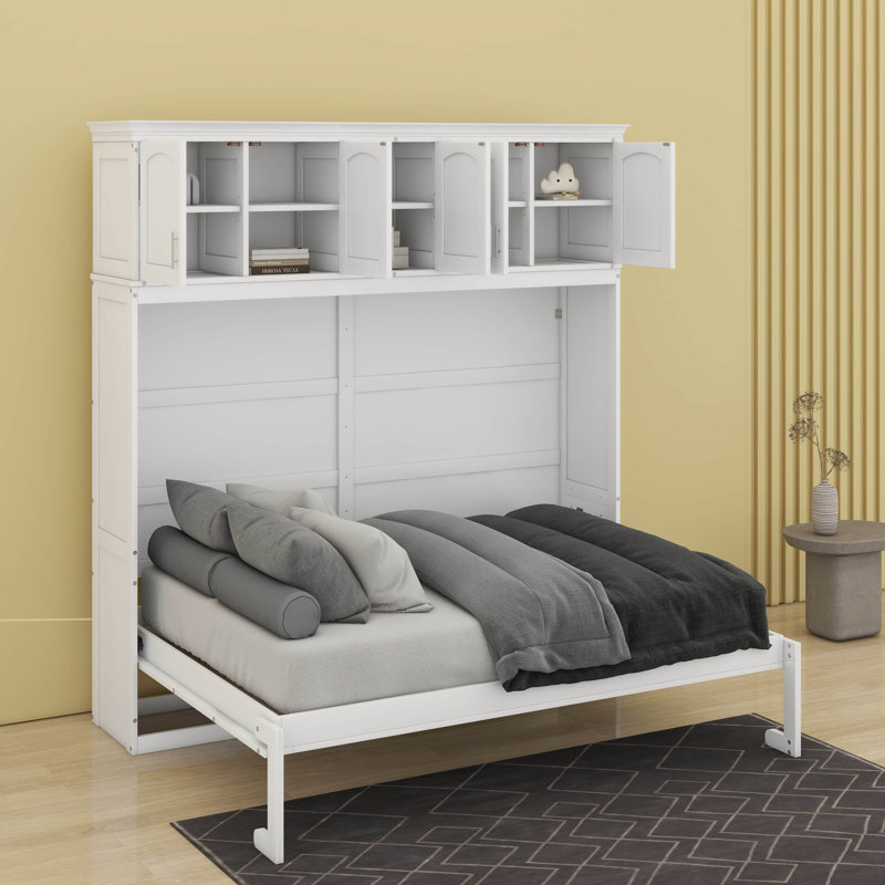 Lit escamotable avec armoires supérieures Murphy, Blanc, Lit double