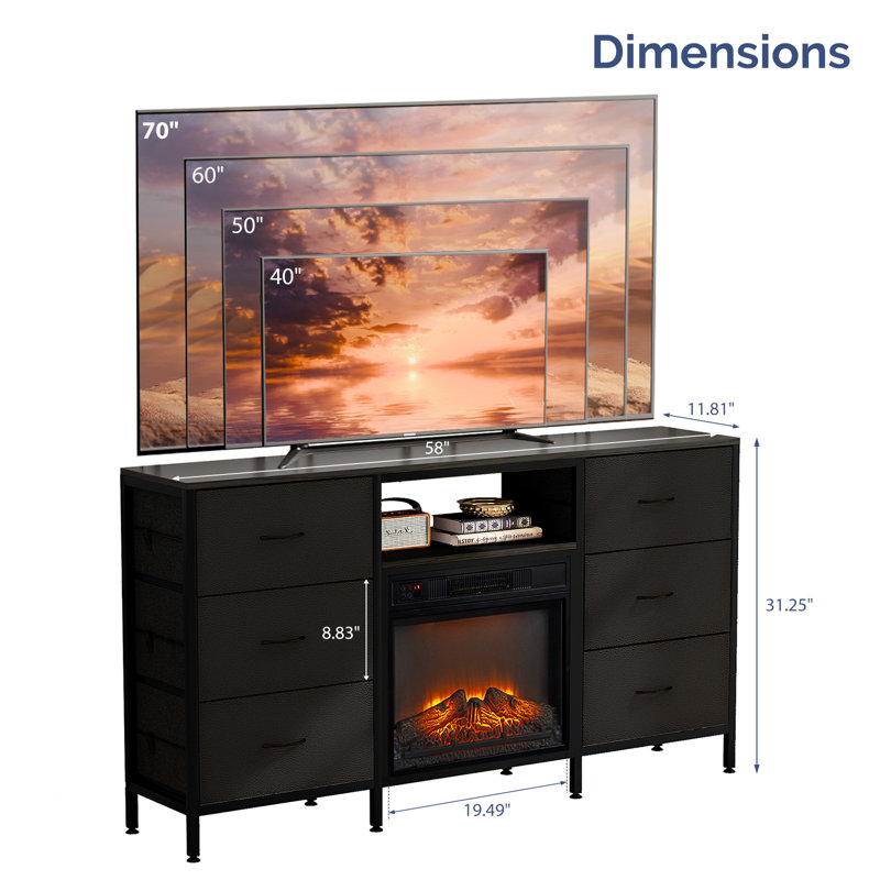 Farmhouse 58'' TV Stand For Tvs Up To 70'' With Electric Fireplace And 6-Drawer, Black