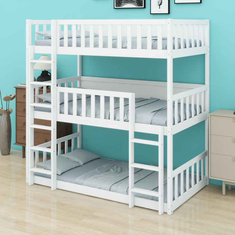 Triple Wood Bunk Bed, With Ladders, Guardrails Detachable Bunk Bed, White