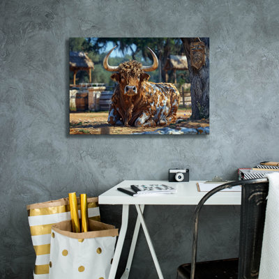 Union Rustic 'Squatting Bull' by Momart Canvas Wall Art
