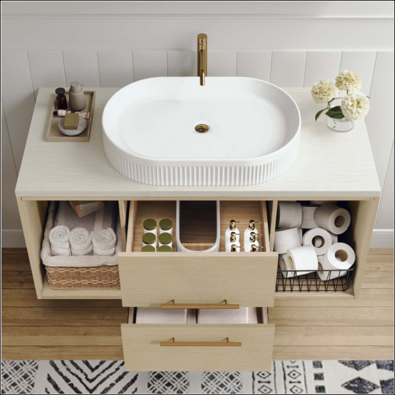 Meuble-lavabo mural moderne avec lavabo ovale en céramique et meuble flottant à plusieurs niveaux avec tiroir à fermeture en douceur (robinet non inclus)