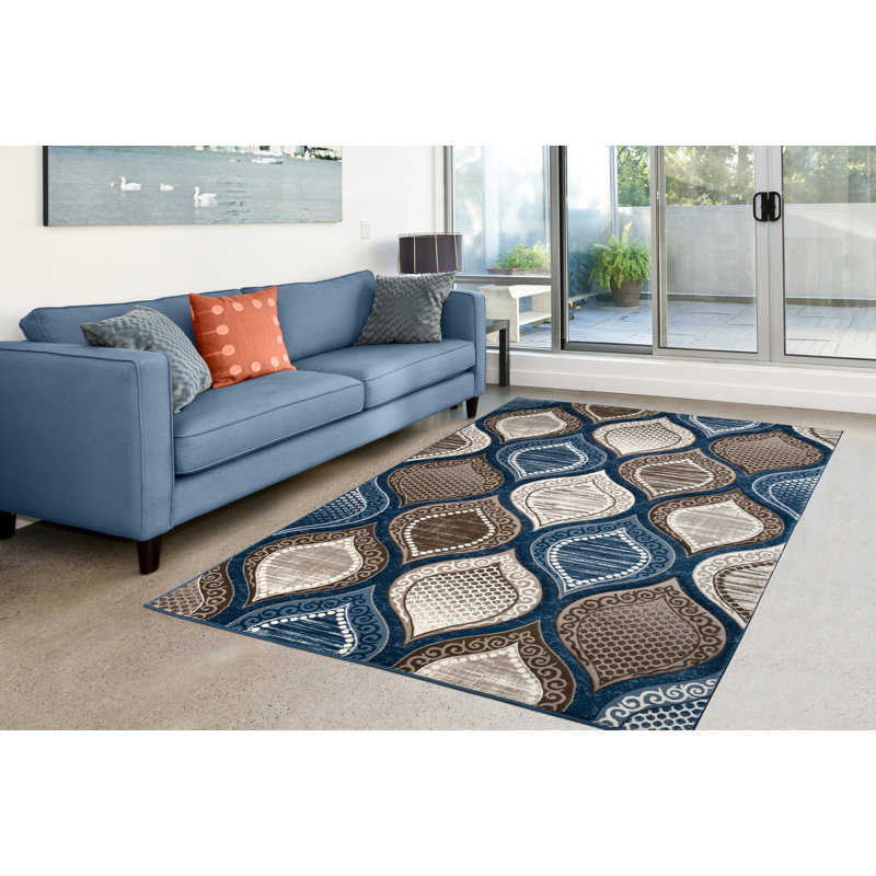 Tapis à motif de treillis abstrait bleu / brun Nipha, Rectangle 6 pi 9 po x 9 pi 6 po