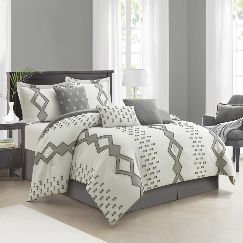 Pantissa Geometric 7 Piece Comforter Set, California King Comforter + 6 Additional Pieces, White/Gray